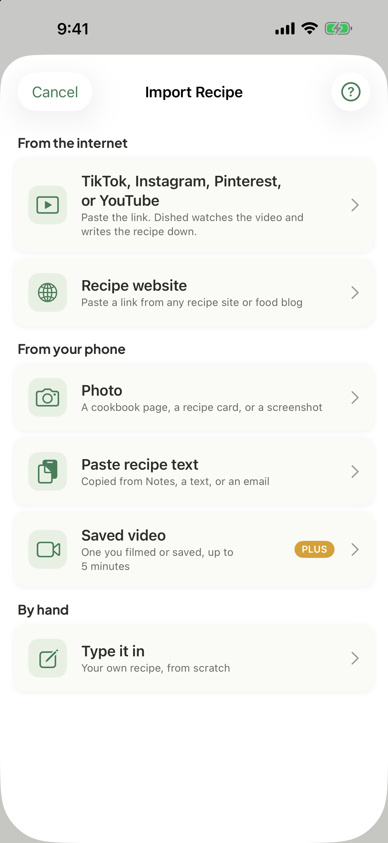 Dished’s Import Recipe screen, with social links, recipe websites, photos, pasted recipe text, saved video, and manual entry.