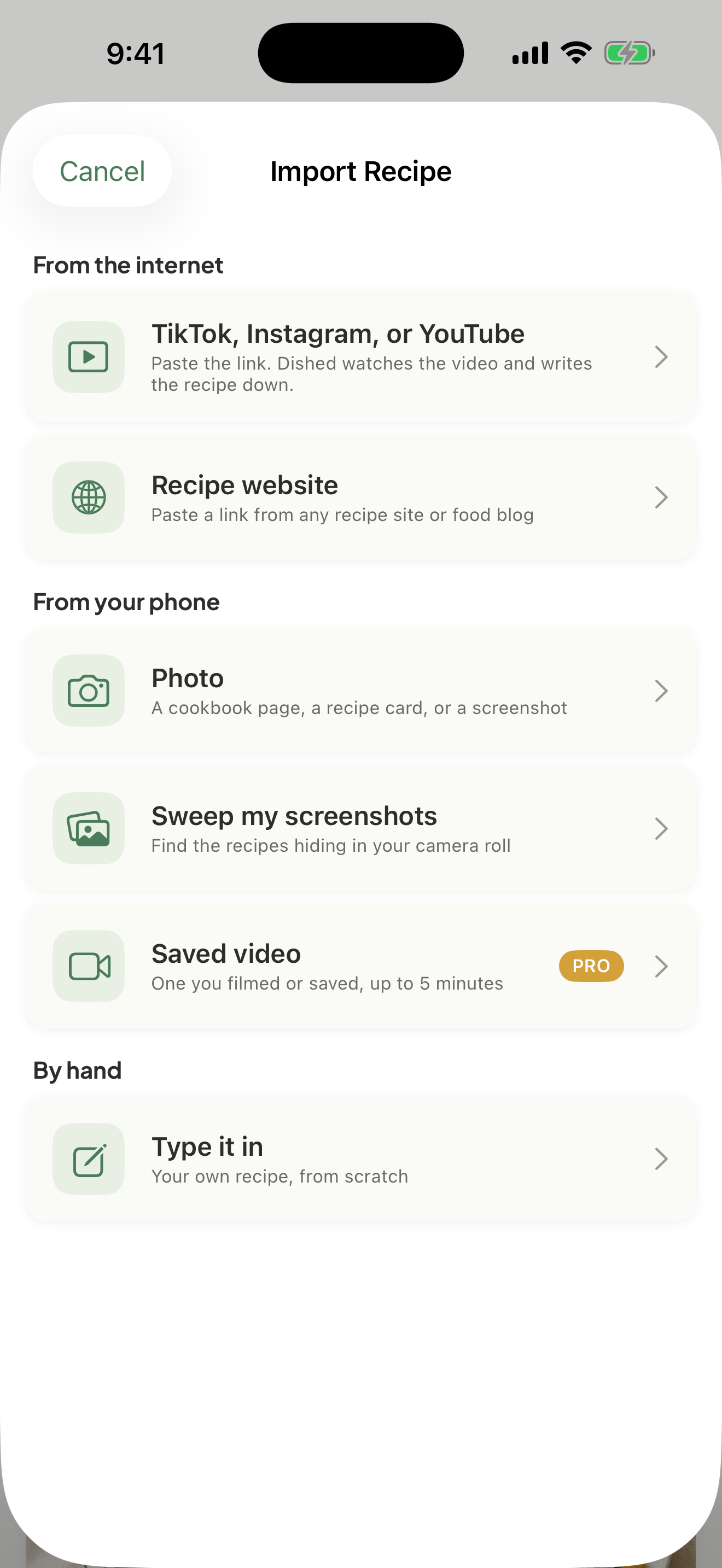 Dished beta import screen offering social links, recipe websites, photos, Screenshot Sweep, saved video, and manual entry