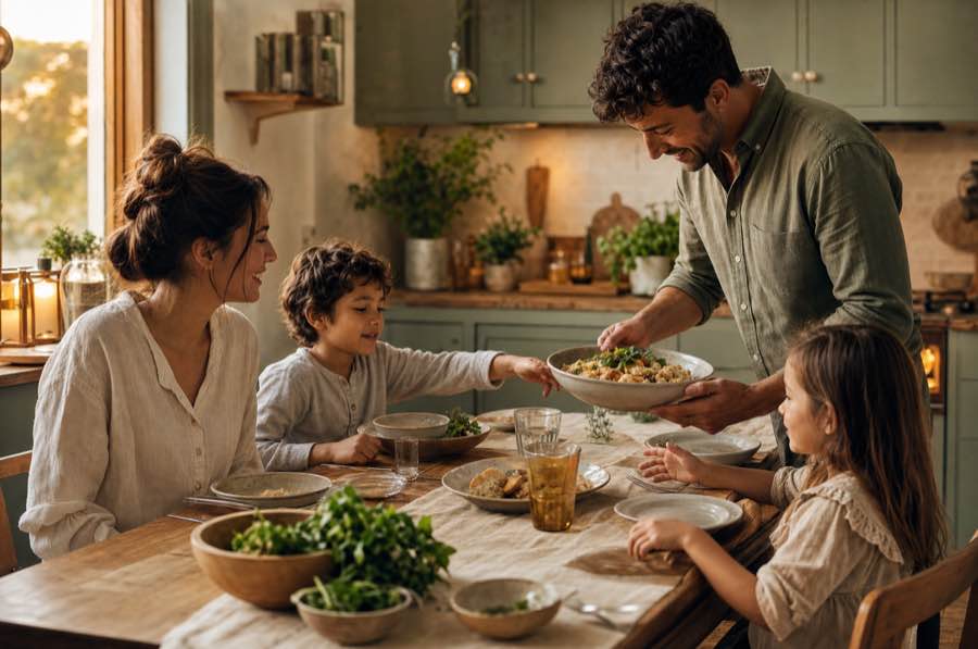 A family gathered around the kitchen table at dinnertime
